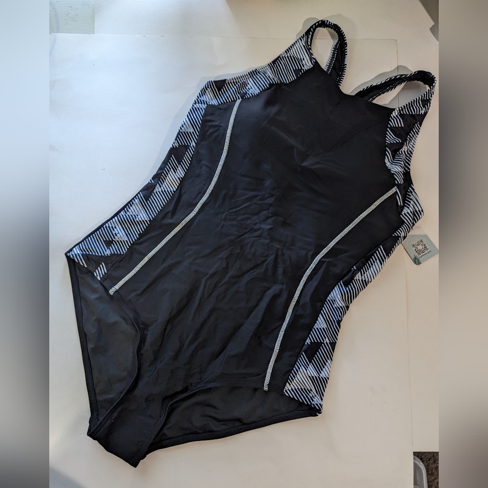 Black one piece lined design size L swimsuit with built in bra.